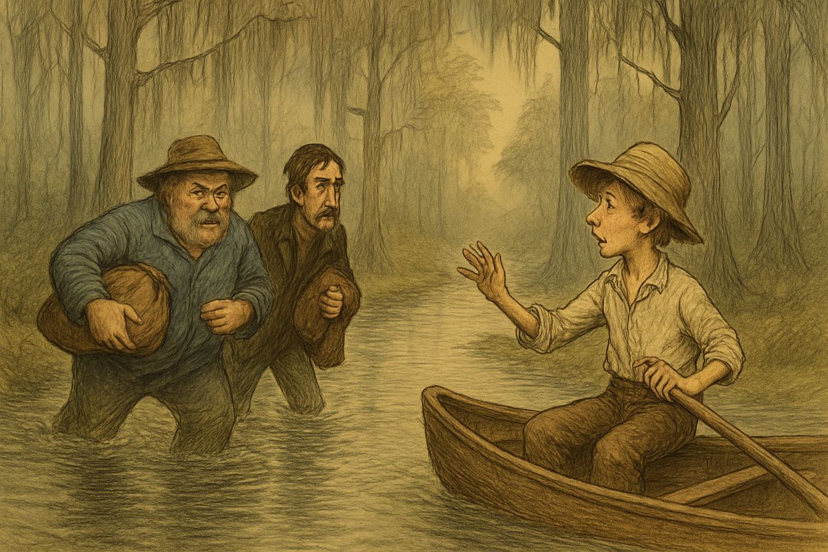 One morning Huck paddled up a creek after berries, and two ragged men came tearing down a cowpath, begging him to save them from men and dogs. Huck told them to wade down the creek to throw off the dogs, then took them aboard and paddled off to the tow-head.