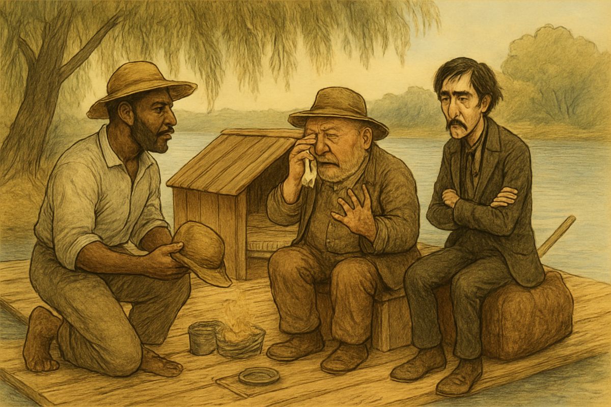 On the raft the younger stranger wept that he was the rightful Duke of Bridgewater, and Jim waited on him. Then the old baldhead sobbed that he was the lost Dauphin, King of France, so Huck and Jim knelt and called him 'Your Majesty.'