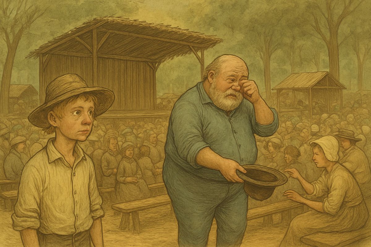 In a little town, the duke took over a printing-office while the king and Huck went to a camp-meeting. There the king claimed to be a reformed pirate going to save his old crew, and his hat came back with eighty-seven dollars and seventy-five cents.