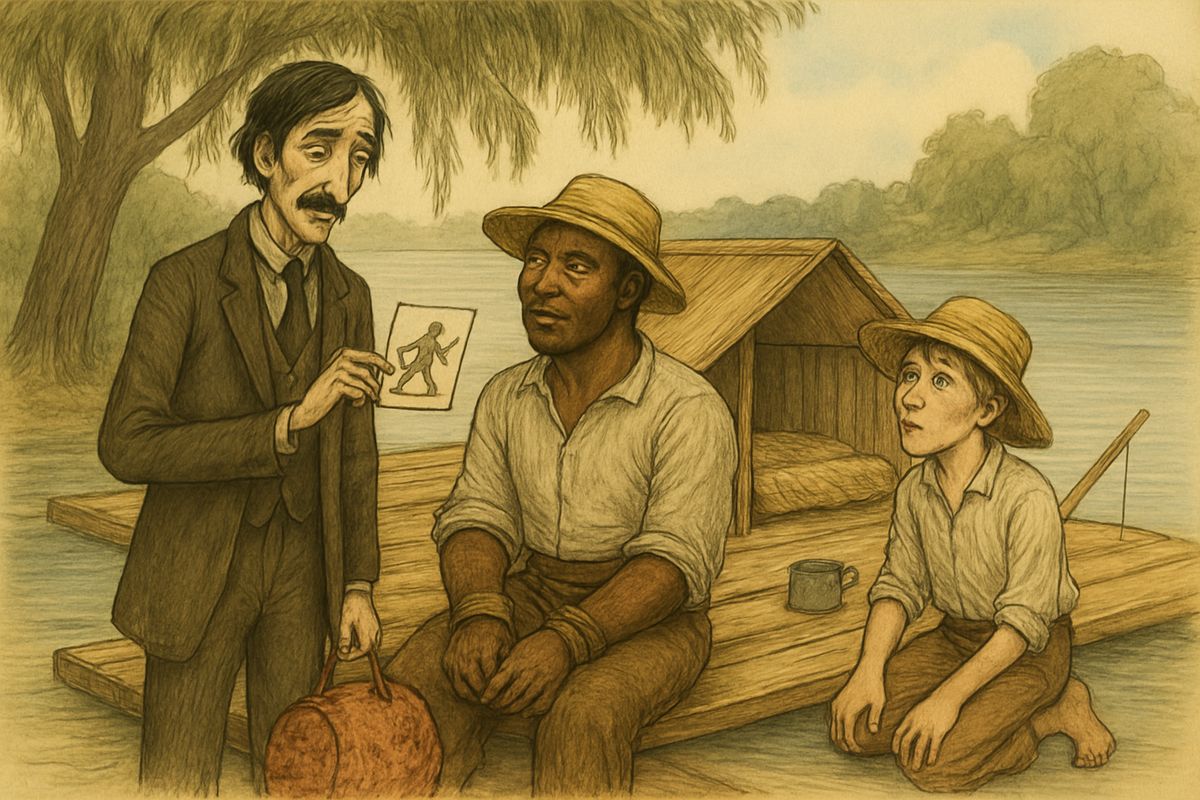 Back on the raft the duke showed off a handbill he had printed: a runaway, a $200 reward, and Jim described to a dot. Whenever anybody came, they could tie Jim up and claim they had caught him. Now they could run by day.