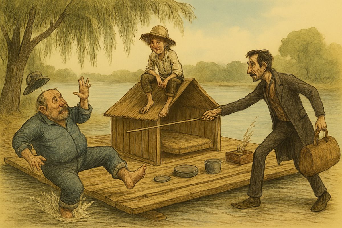 Down the river the king and the duke rehearsed their Shakespeare. The duke taught the king to sigh 'Romeo' soft and languishy instead of bellowing like a bull. Then they fought Richard III's sword fight with oak laths, until the king tripped overboard.
