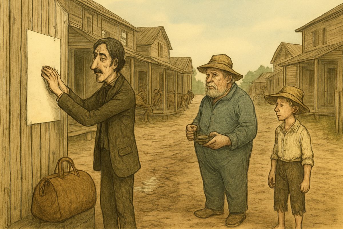 Far down in Arkansas they reached a one-horse town in a big bend, with a circus due that afternoon. The duke hired the court house for their Shakespearean Revival. The muddy streets were full of lazy hogs and loafers begging chaws of tobacco.