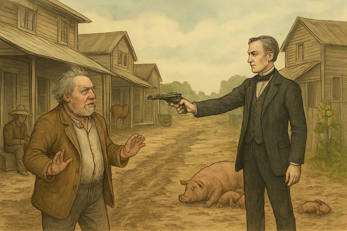 At noon old Boggs rode in on his monthly drunk, roaring threats against Colonel Sherburn. Sherburn calmly warned him to stop by one o'clock. Boggs kept on. At one, Sherburn called 'Boggs!' and shot him dead in the street, then walked away.
