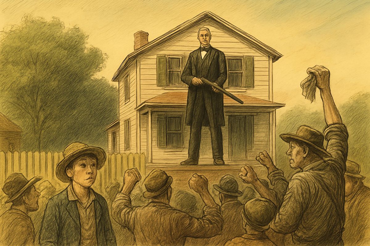 A mob seized clothes-lines to lynch Sherburn and tore down his fence. He stepped out onto his porch roof with a double-barrelled gun and stared them down, then told them scornfully they were cowards: 'The pitifulest thing out is a mob.' The crowd broke and ran.