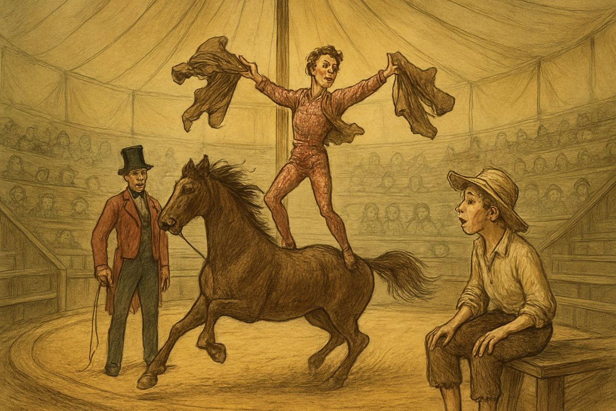 Huck slipped under the circus tent for free. A drunk man begged to ride, clung to a wild horse, then stood up on its back and flung off seventeen suits. He was one of the circus's own riders, and the crowd howled with delight.