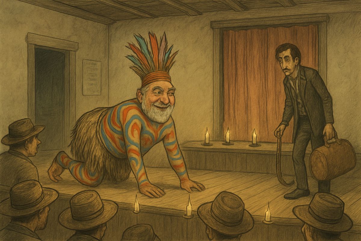 The Shakespeare drew only twelve people. So the duke billed 'The Royal Nonesuch', LADIES AND CHILDREN NOT ADMITTED, and the courthouse was jammed. The king's painted prance was the whole show, so the men swore to keep quiet and sell the rest of the town.