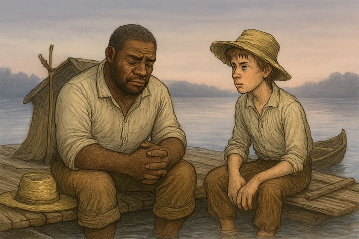 At daybreak Huck found Jim grieving for his family. Jim told how he slapped little 'Lizabeth for not shutting a door; when the wind slammed it behind her, she never flinched. 'Oh, she was plumb deef en dumb, Huck… en I'd ben a-treat'n her so!'