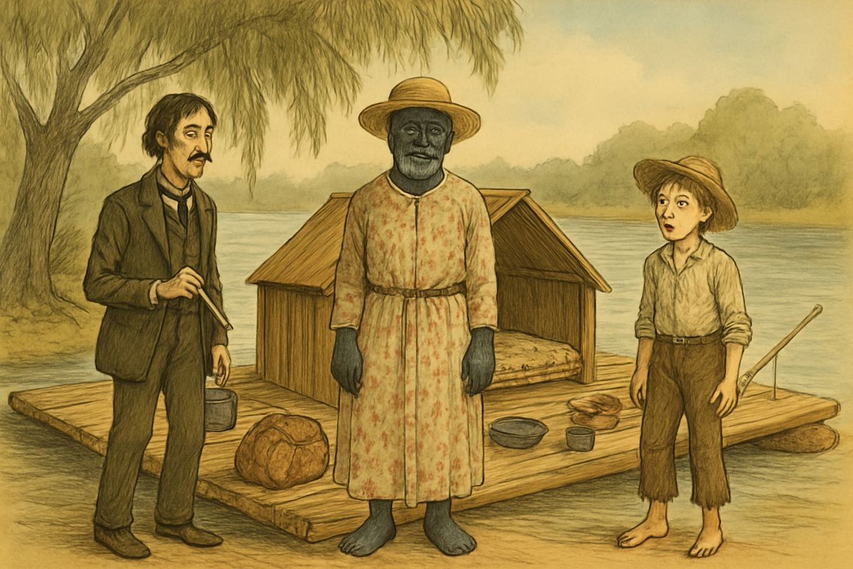 Jim hated lying tied up all day in the wigwam, so the duke disguised him in King Lear's gown, a horse-hair wig and blue paint, with a sign: 'Sick Arab—but harmless when not out of his head.'