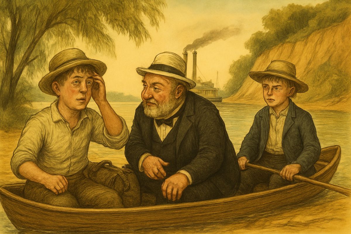 The king, in new store clothes, had Huck paddle him upriver, where they picked up a talkative young fellow. The king pumped him dry: Peter Wilks, a tanner, had died, leaving money, three orphaned nieces, and brothers Harvey and deaf-and-dumb William coming from England.