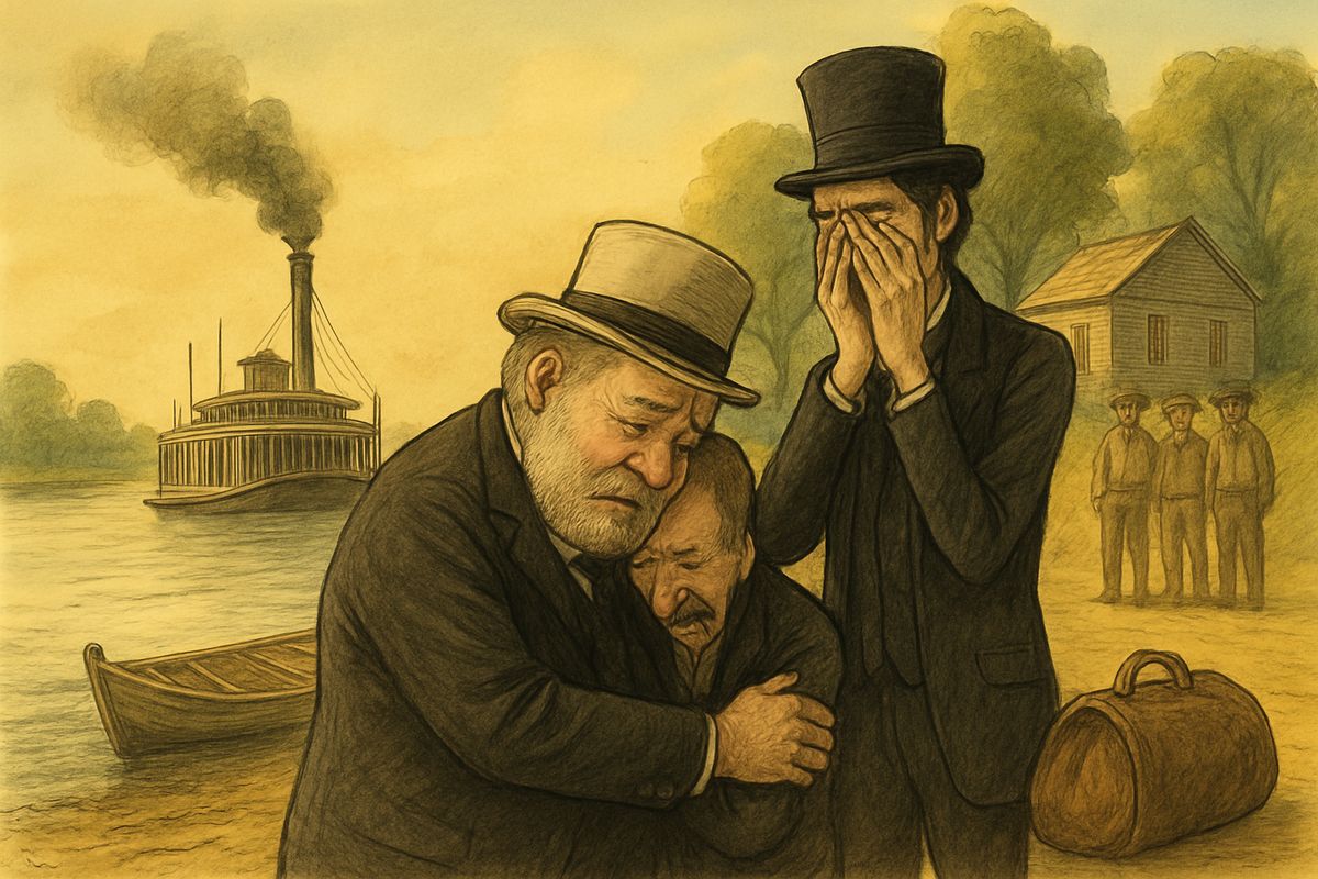 The frauds came by steamboat, posing as Harvey and William Wilks. Hearing Peter was dead, the king fell sobbing on a stranger's shoulder, 'Alas, our poor brother—gone!', then made silly hand-signs to the duke, who burst out crying too.