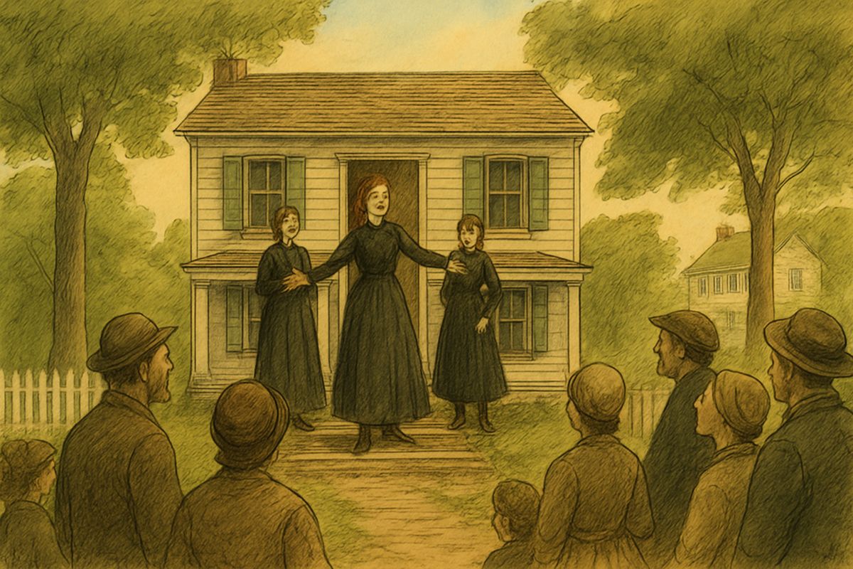 News spread through town in two minutes, and a crowd followed the 'uncles' to the Wilks house. There waited the orphans, Mary Jane, nineteen and most awful beautiful; Susan, fifteen; and Joanna, fourteen, who had a hare-lip. They ran into their uncles' arms.