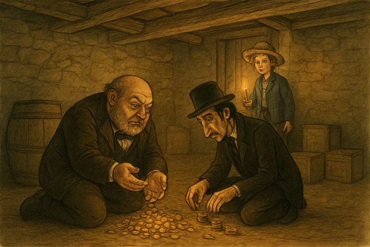 Peter's letter told where six thousand dollars in gold lay hidden. 'Why, Bilji, it beats the Nonesuch, don't it?' crowed the king. They made up a $415 shortfall themselves, and the duke proposed giving the whole pile to the girls.