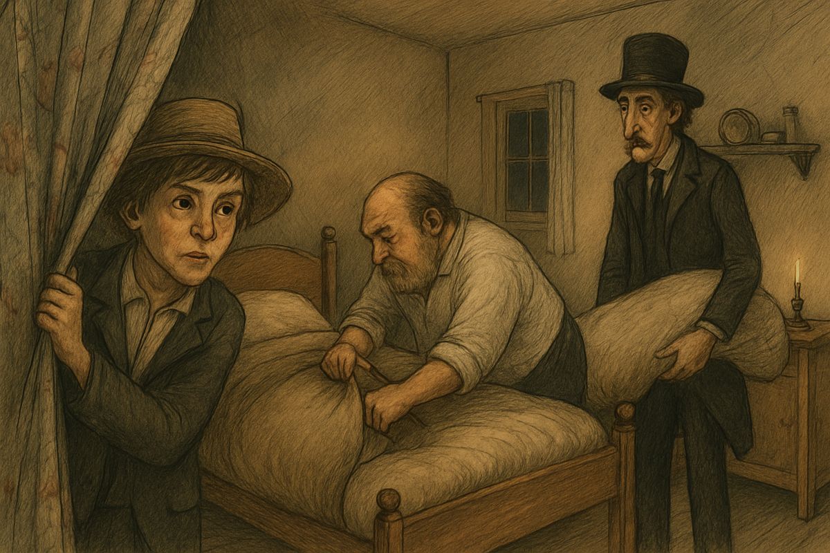 Mary Jane scolded Joanna for shaming a stranger, and her kindness made Huck resolve to get the money back. Hidden behind a curtain, he heard the frauds plan to stay and sell everything, then saw the king hide the bag in the bed's straw tick.
