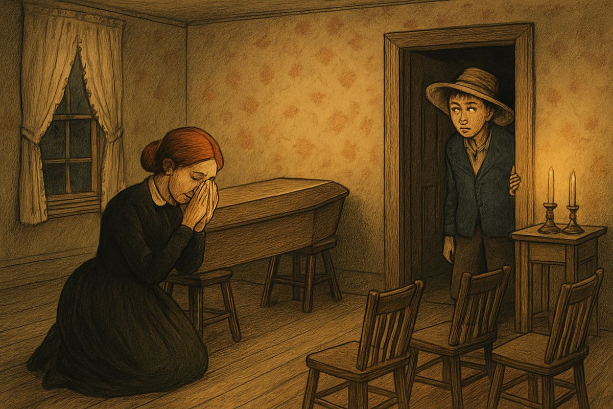 Huck snatched the bag before the frauds were halfway downstairs. Before dawn he crept down to hide it outside, but the front door was locked and someone was coming, so he tucked it into the coffin just as Mary Jane came in crying.
