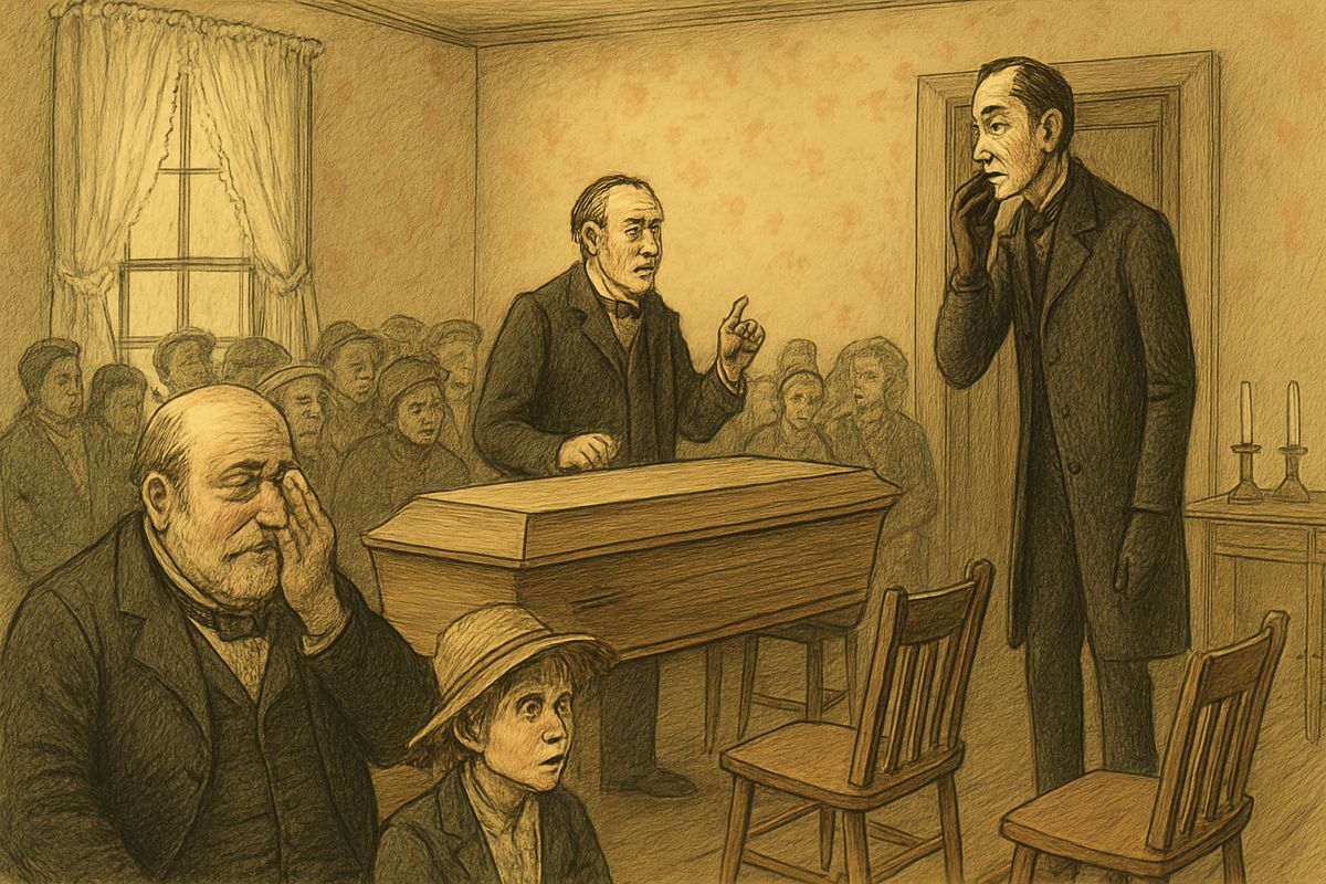 At the funeral a dog raised a racket in the cellar. The gliding undertaker slipped downstairs; there was a whack, then silence. 'He had a rat!' he whispered. Then he screwed down the lid, and Huck never knew if the money was inside.