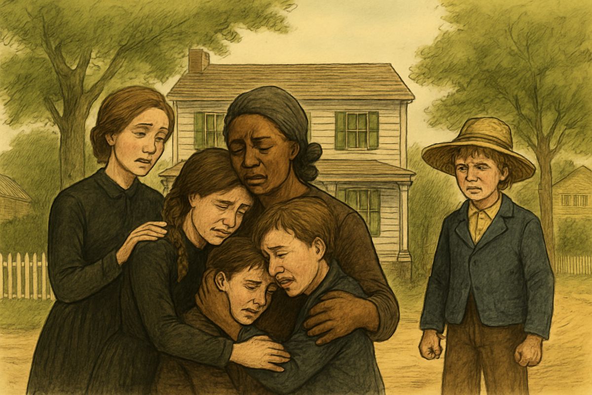 The king auctioned off the house and the enslaved servants, splitting the mother from her sons. Huck kept quiet only because he knew the sale was no good. When the frauds found the gold gone, Huck let them blame the sold servants.