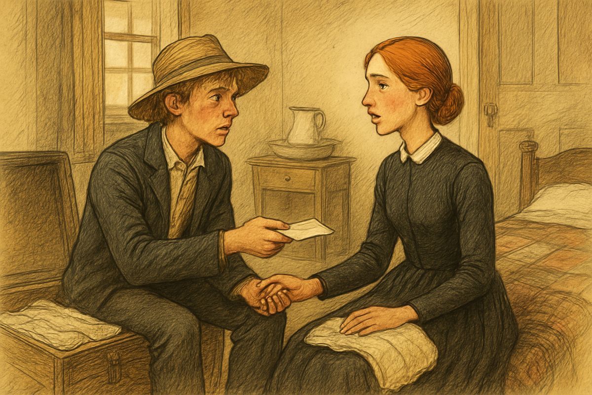 Huck told Mary Jane the truth: her uncles were frauds. Eyes blazing, she agreed to hide at Mr. Lothrop's and return that night to put a candle in her window. He wrote down where the money was, and she promised to pray for him.