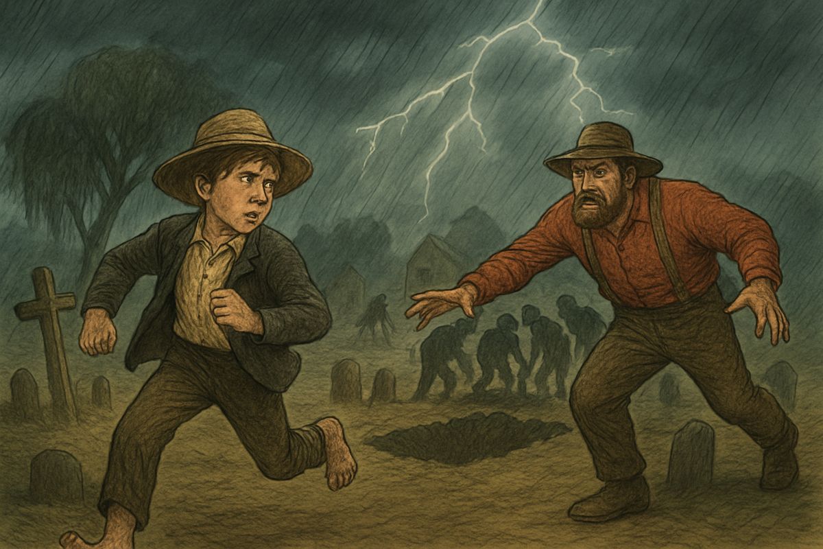 The crowd hauled everyone off to dig up Peter, big Hines gripping Huck's wrist. They dug by lightning in the pouring rain. When the coffin opened, a flash showed the bag of gold on Peter's breast. Hines let go, and Huck ran.