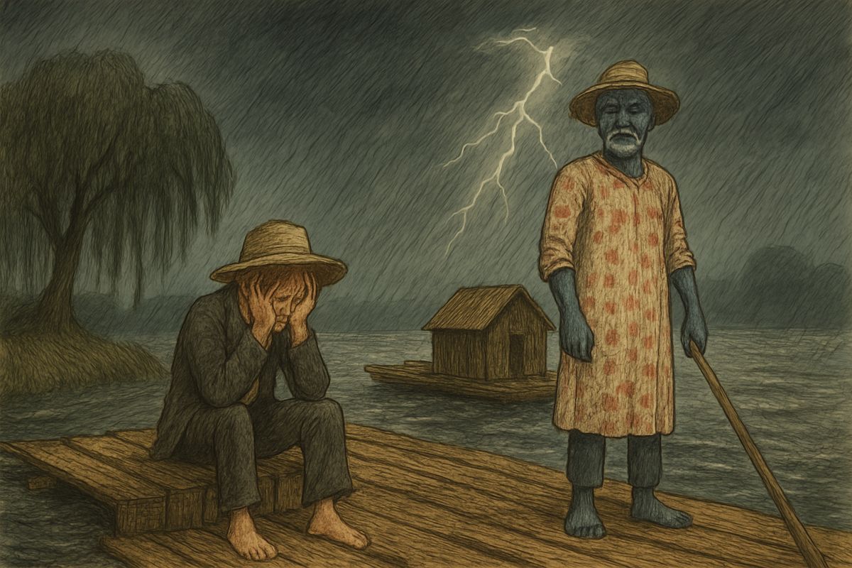 Huck raced past Mary Jane's window as her candle flashed on, grabbed a canoe, and reached the raft yelling for Jim to cut loose. For a moment they floated free, then lightning showed a skiff chasing them, the king and duke at the oars.