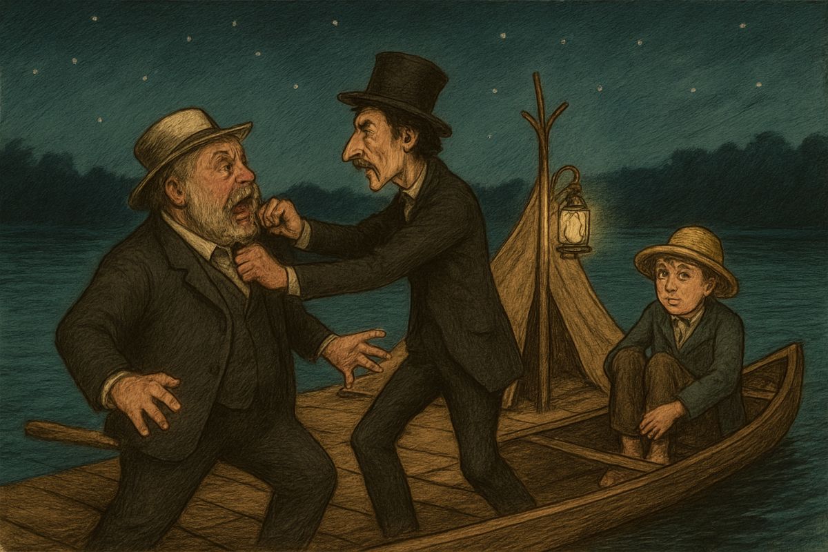 The king shook Huck until the duke stopped him. Each fraud accused the other of hiding the gold in the coffin, till the duke choked a confession from the king: ''Nough!—I own up!' Soon they were drunk and snoring, thick as thieves again.