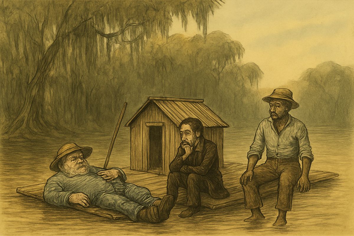 Far down south, where Spanish moss hung from the trees like long grey beards, the frauds worked the villages again. Temperance lectures, a dancing-school, yellocution, doctoring and fortune-telling all failed, and the king and the duke lay about the raft, dead broke and dreadful blue, whispering together in the wigwam.
