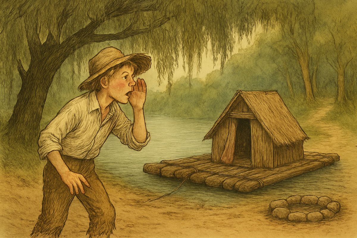 Below Pikesville the king went to town alone and was found drunk in a low doggery. While the frauds quarrelled, Huck ran back to the raft. 'Set her loose, Jim! we're all right now!' But Jim was gone, and Huck sat down and cried.