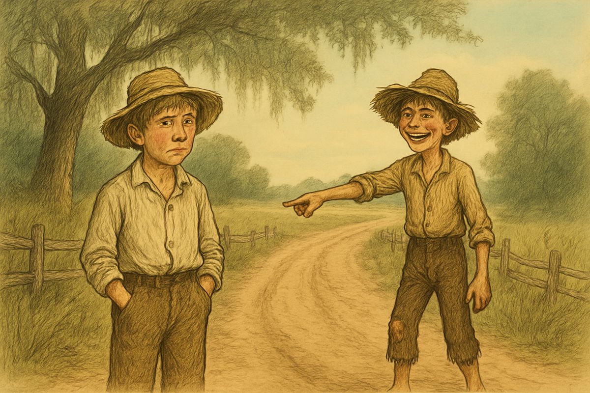 On the road a boy told him the news: Jim had been caught as a runaway worth two hundred dollars, and a stranger had sold his claim for forty dollars. Now Jim was held at Silas Phelps' place, two miles down. Huck hid his feelings and pretended he was glad.