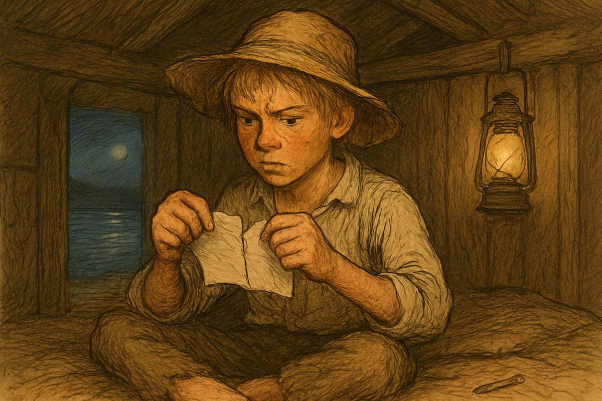 Conscience-stricken, Huck wrote Miss Watson where Jim was. Then he remembered Jim on the river, standing his watch, rejoicing when Huck came out of the fog, calling him his best friend. 'All right, then, I'll go to hell,' he said, and tore it up.