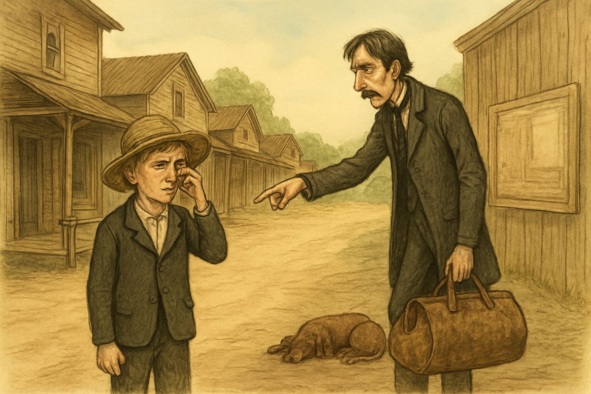 Next morning Huck sank the canoe near Phelps's sawmill and met the duke in town, putting up Royal Nonesuch bills. Huck spun a tearful story; the duke sent him forty miles off to find 'Abram Foster,' but Huck doubled back toward Phelps's.