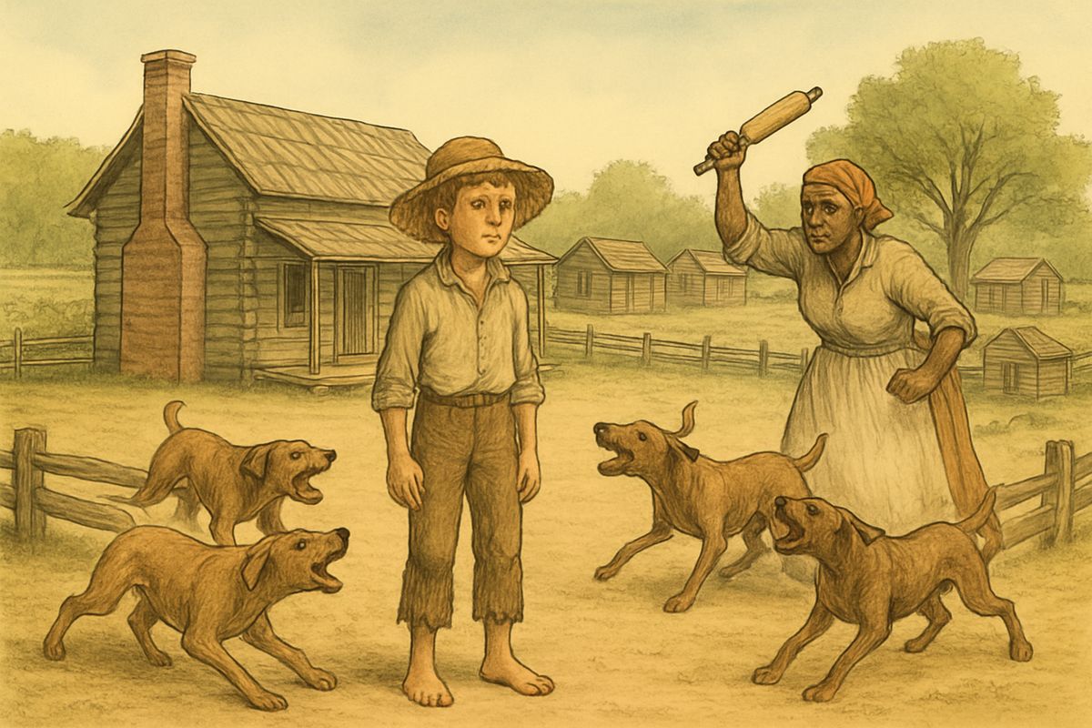 Huck reached the Phelps farm on a hot, lonesome Sunday-like morning, not knowing what he'd say. The hounds made him the hub of a wheel of dogs, until the cook, Lize, came tearing out with a rolling-pin. 'Begone you Tige! you Spot!'