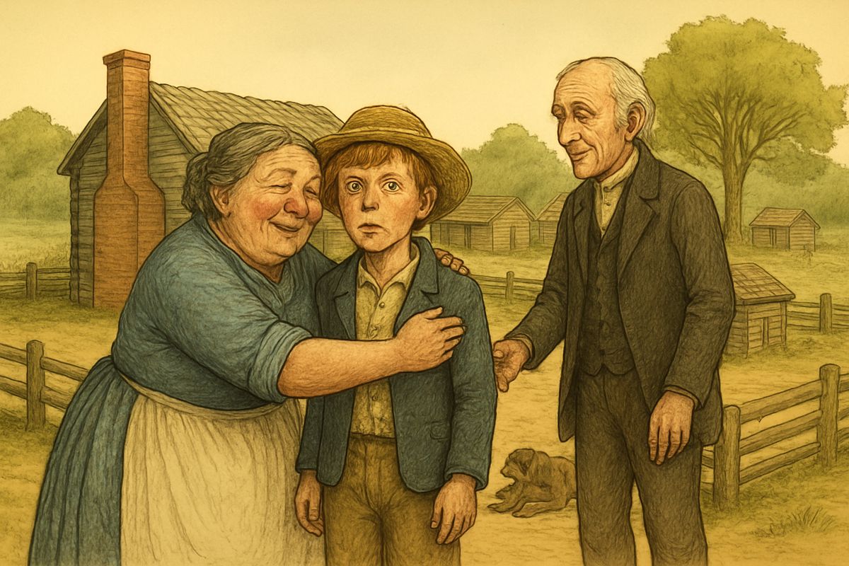 'It's you, at last!' cried a woman, hugging Huck. She was Aunt Sally, who had waited days for a nephew. She told Uncle Silas the boy was Tom Sawyer! Huck nearly slumped through the floor, then was glad to know who he was.