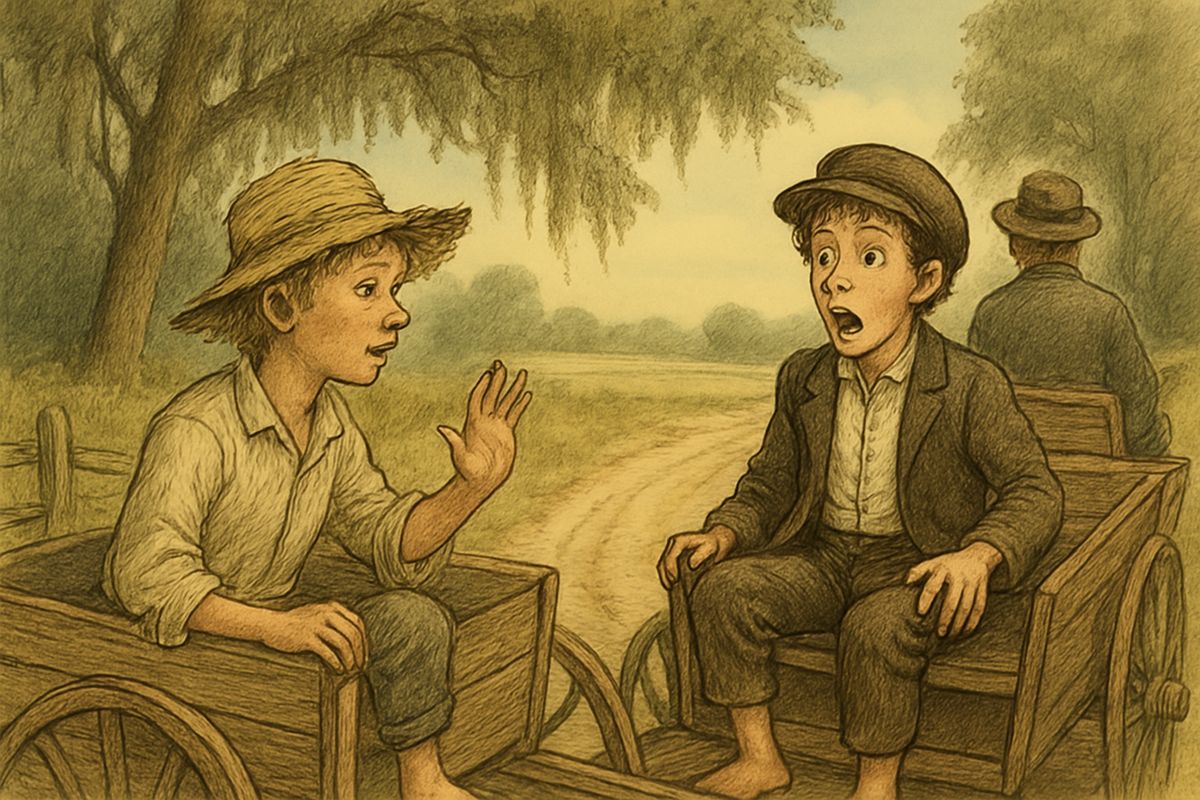 Fearing the real Tom would give him away, Huck drove up the road to head him off. Tom gaped, taking him for a ghost. Once convinced, he heard Huck's plan to steal Jim out of slavery and, astonishingly, said, 'I'll help you steal him!'