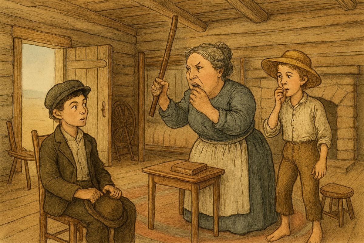 Half an hour later Tom strolled up as a stranger, William Thompson of Hicksville, Ohio, and was pressed to stay for dinner. Then he leaned over and kissed Aunt Sally on the mouth. She jumped up, scrubbing it off: 'You owdacious puppy!'
