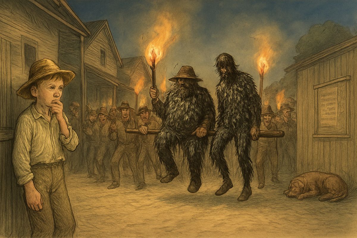 The boys slid down the lightning-rod to warn the king and duke, but were too late. A torch-lit mob carried the frauds by on a rail, tarred and feathered. Huck felt sorry for the pitiful rascals. 'Human beings can be awful cruel to one another.'