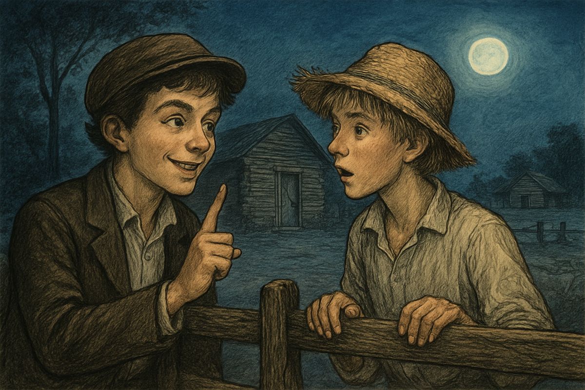 Walking home, Tom worked it out: at dinner they'd seen a man carry food, including watermelon, into the padlocked hut by the ash-hopper. 'Watermelon shows man, lock shows prisoner.' Jim was there, and Tom chose a fancy plan to dig him out.