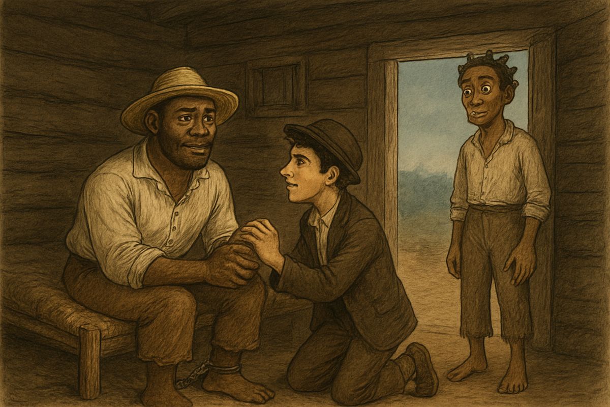 At daybreak they went with Nat, who fed the prisoner. In the dark hut Jim sang out, 'Why, Huck!' but Tom swore nobody spoke, and Nat blamed witches. While Nat bit Tom's dime, Tom whispered that they would dig Jim out.