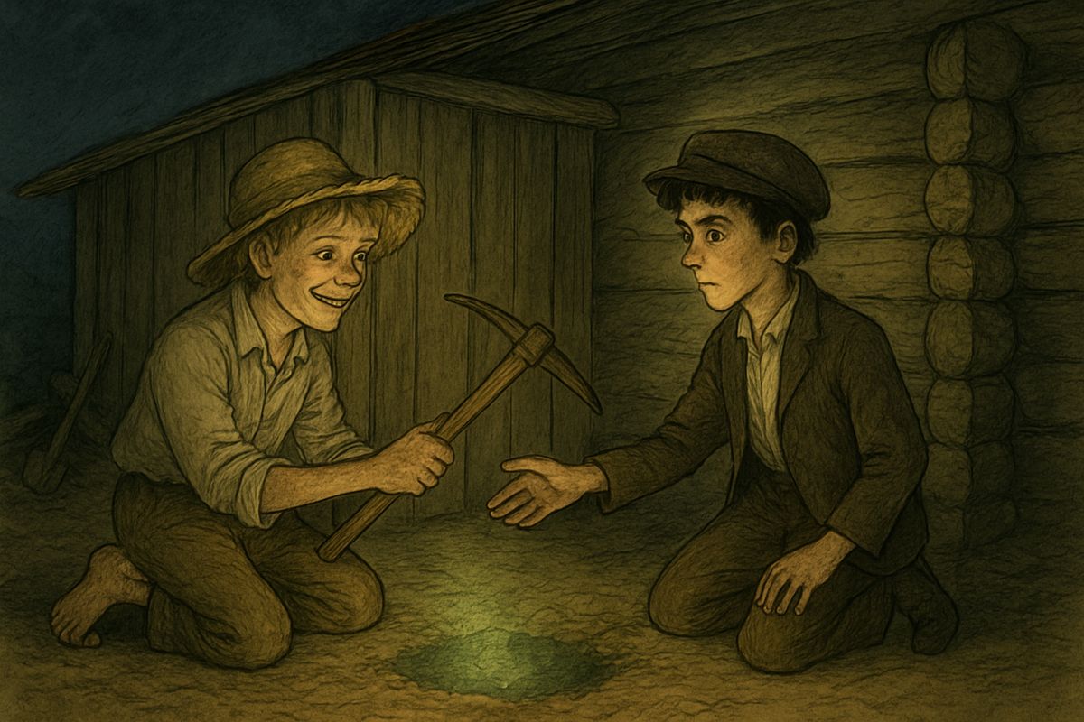 Tom said the escape was far too easy, so he invented difficulties. The boys dug under the hut with case-knives until their hands blistered. At last Tom said, 'Gimme a case-knife,' and took Huck's pickaxe without a word, letting on it was a knife.