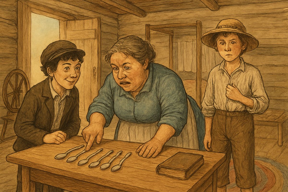 Soon a shirt, a sheet, a spoon, candles and a candlestick had gone missing, and Aunt Sally was boiling mad. Tom still needed a spoon, so Huck kept slipping one up his sleeve and back while she counted, till she was hopelessly muddled.