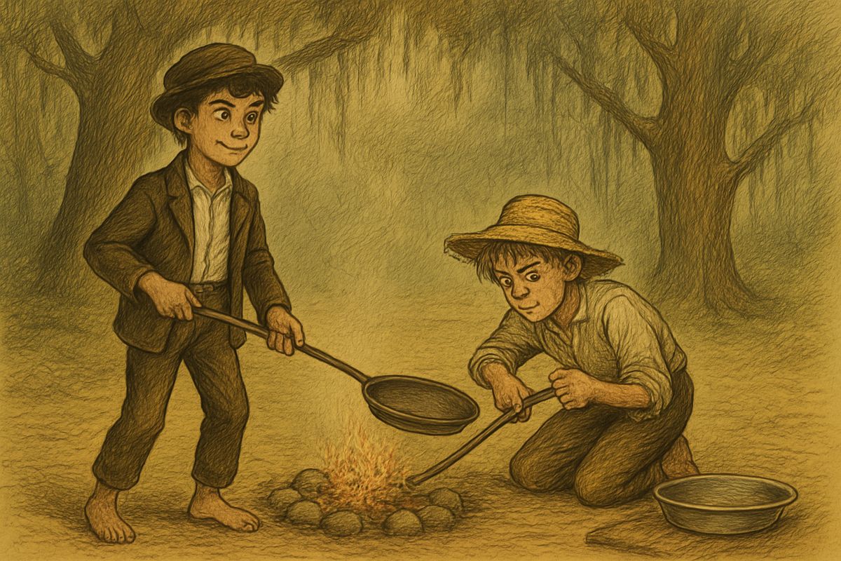 The rope ladder, torn from a whole sheet, was too big for any pie, so the boys baked it in Uncle Silas's old brass warming-pan. Nat, terrified of witches, looked away as the "witch pie" went into Jim's pan, with tin plates underneath for scratching messages.