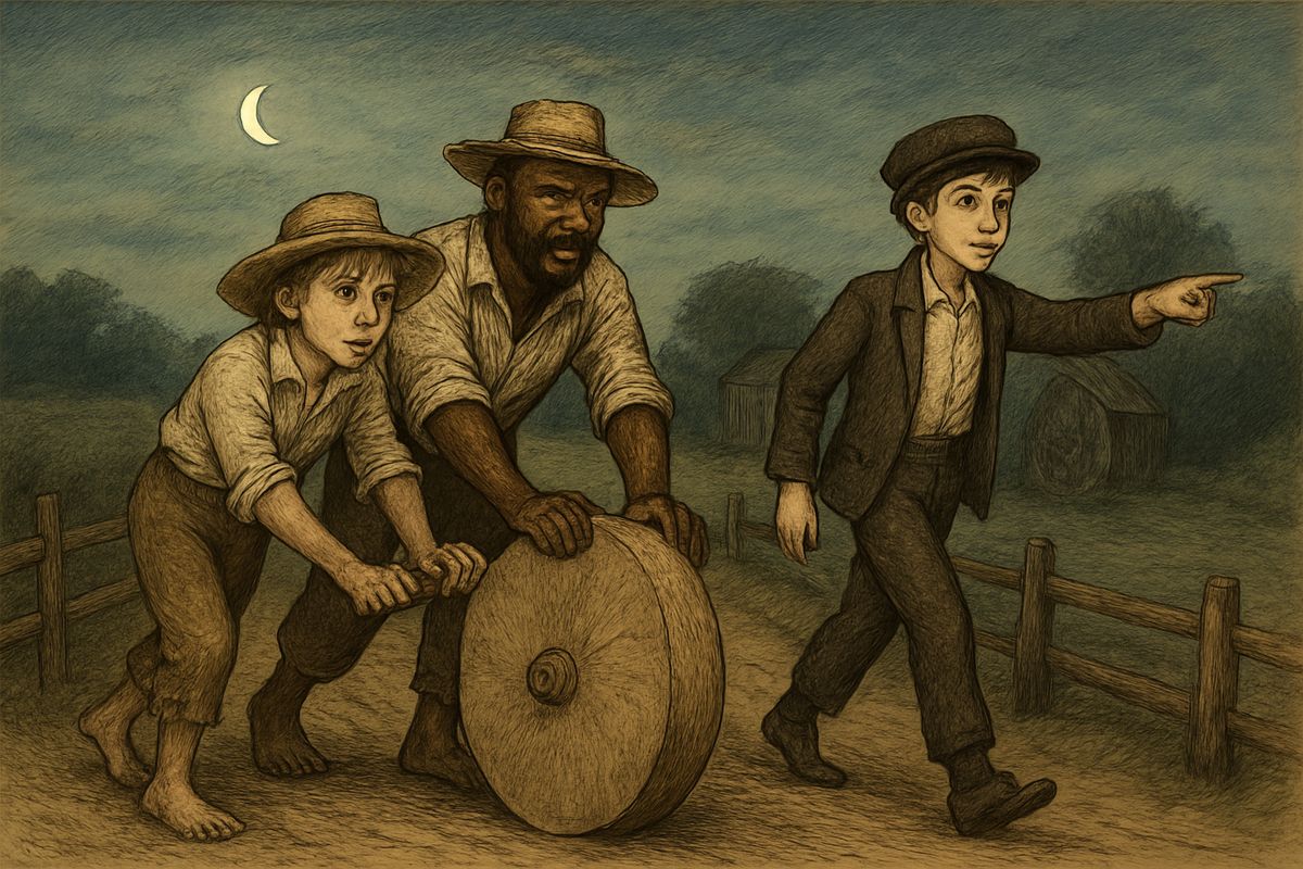 Tom decided Jim needed a rock to carve his made-up coat of arms and mournful inscriptions on, so the boys stole the grindstone from the mill. They couldn't budge it, so Jim slipped his chain off the bed-leg and rolled it home while Tom superintended.