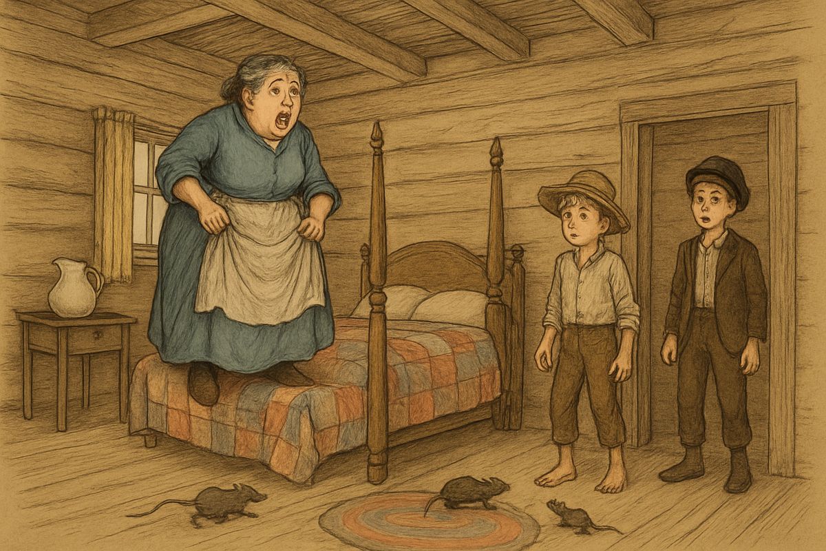 The boys caught fifteen fine rats, but little Thomas Franklin opened the trap under Aunt Sally's bed, and a sack of snakes got loose too. For weeks snakes dropped from the rafters, Aunt Sally whooped, and the boys got a licking every time.