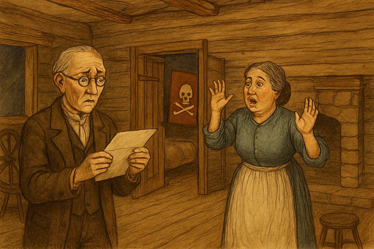When Uncle Silas talked of advertising Jim in the St. Louis papers, Tom sent warnings: a skull-and-crossbones on the front door, a coffin on the back. Aunt Sally jumped at every sound. Then a letter warned that cutthroats would steal the runaway at midnight.