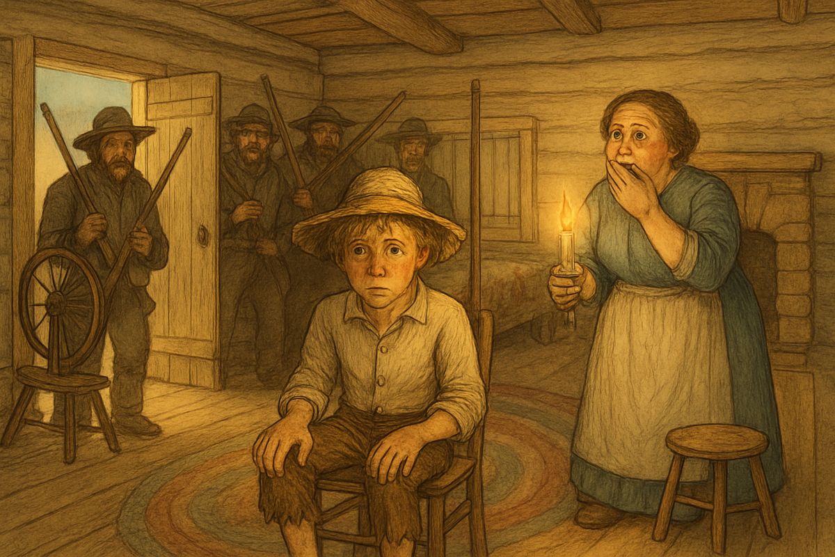 Near midnight, Aunt Sally caught Huck coming up from the cellar with butter under his hat and sent him into the sitting-room, where fifteen armed farmers waited. The butter melted down his forehead. "He's got the brain-fever," cried Aunt Sally, "and they're oozing out!"