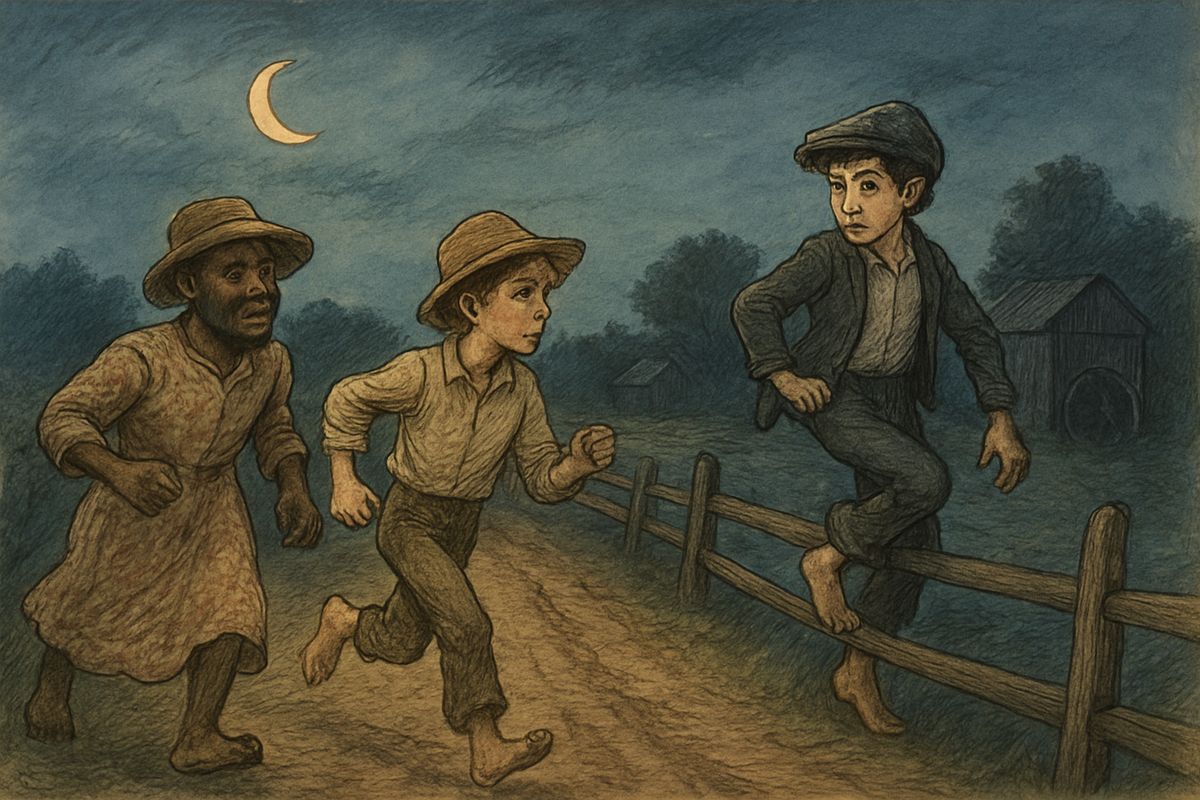 Huck warned Tom that the house was full of armed men. The three crawled out through the tunnel, but Tom's britches caught on the fence and a splinter snapped. "Who's that? Answer, or I'll shoot!" Guns banged and dogs were loosed, but they were the farm's own.