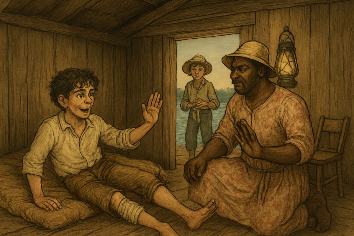 They reached the raft, and Huck told Jim he was a free man. But Tom had a bullet in his leg, gladder of it than anyone, and wanted to push off at once. Jim would not budge. "I doan' budge a step out'n dis place 'dout a doctor!"