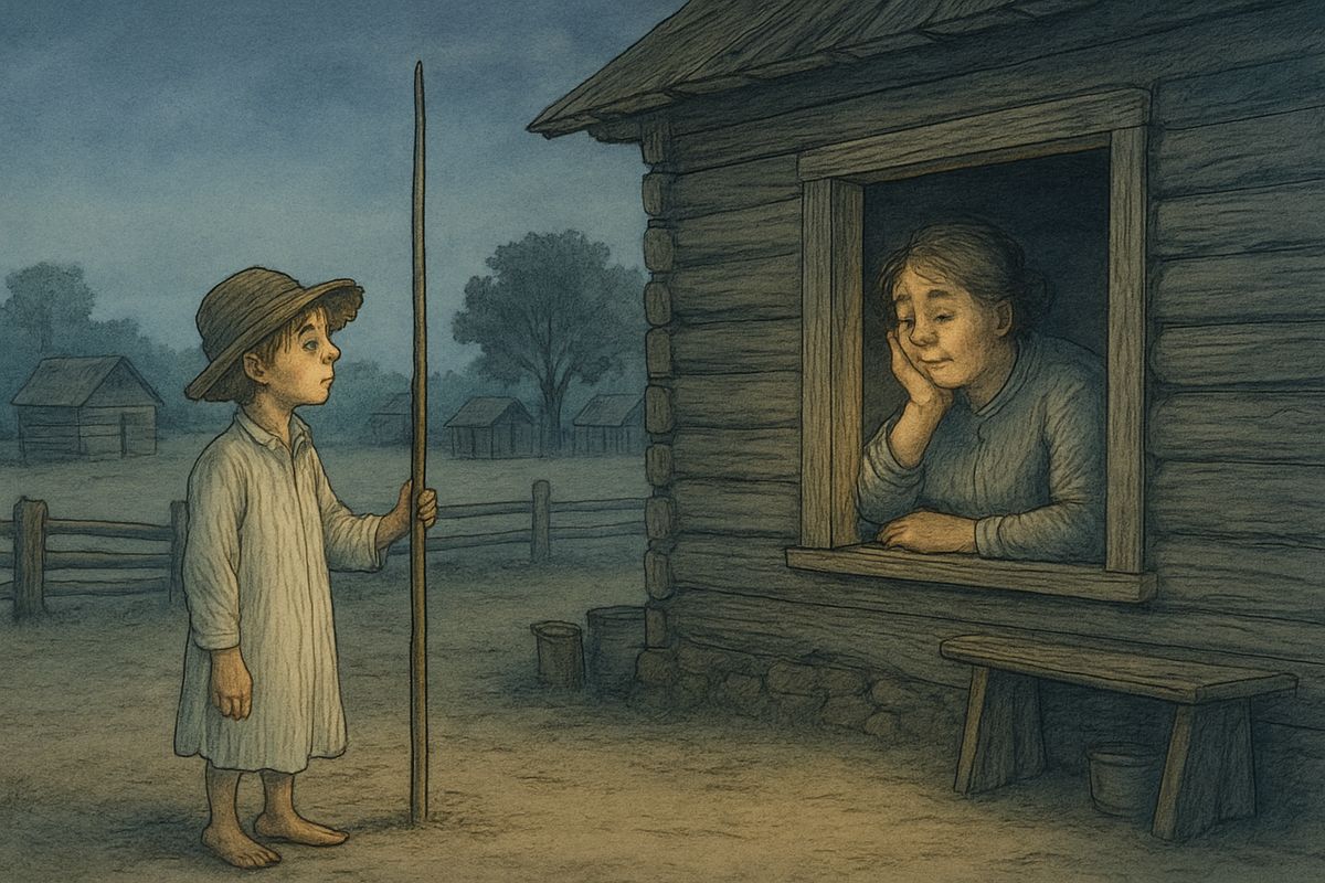 That night "Sid" still had not come home. Aunt Sally tucked Huck into bed with tears in her eyes. "You'll be good, won't you? For my sake." After that Huck would not go, not for kingdoms. At dawn she still slept at the window beside a guttering candle.