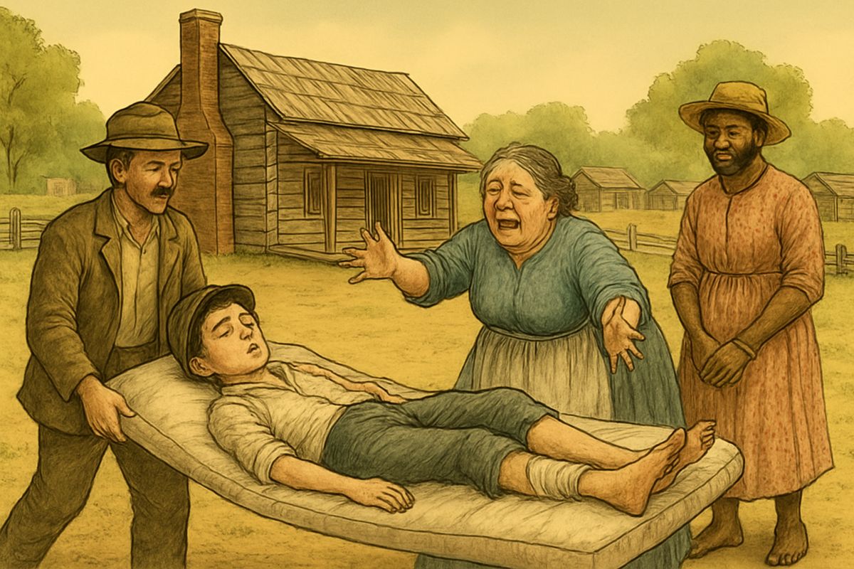 Next morning a crowd carried Tom Sawyer up the road on a mattress, with the old doctor beside him and Jim, still in the calico dress, walking behind with his hands tied. Aunt Sally flung herself on Tom. "He's alive, thank God! And that's enough!"
