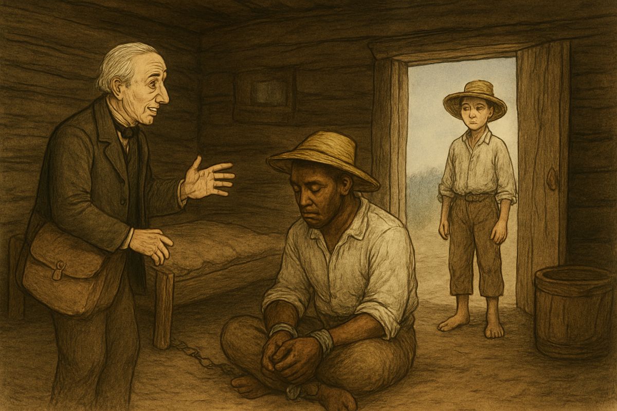 The angry men chained Jim hand and foot and put him on bread and water. Then the old doctor spoke up for him: Jim had come out of hiding to nurse Tom, though it cost him his freedom, and was the faithfullest nurse the doctor ever saw.