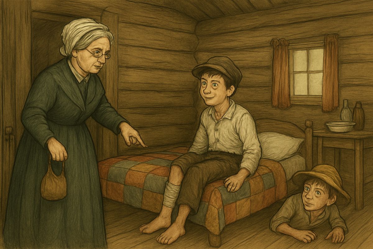 When Tom heard that Jim was in chains, he sat bolt upright. "He ain't no slave; he's as free as any cretur that walks this earth!" Miss Watson's will had freed him. Then Aunt Polly arrived from eleven hundred miles away and hauled Huck from under the bed.
