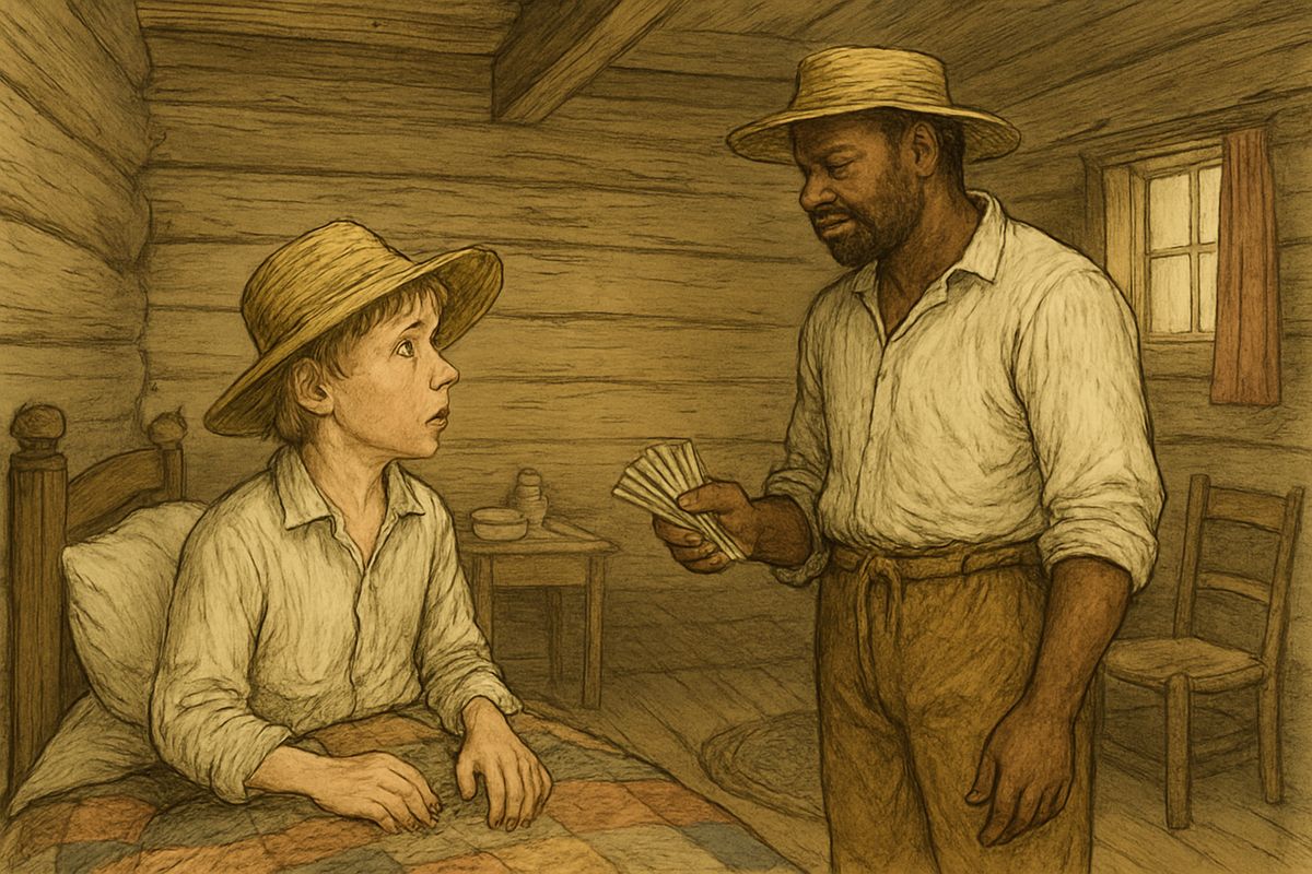 Tom had planned a grand steamboat homecoming and torchlight parade for Jim. Instead Jim was simply let out of his chains, and Tom gave him forty dollars for being such a patient prisoner. Then Jim told Huck gravely that the dead man in the floating house had been Pap.